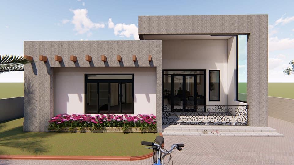 Mukono-01 front view with textured rectangular facade frames, black glazing and flowering planting